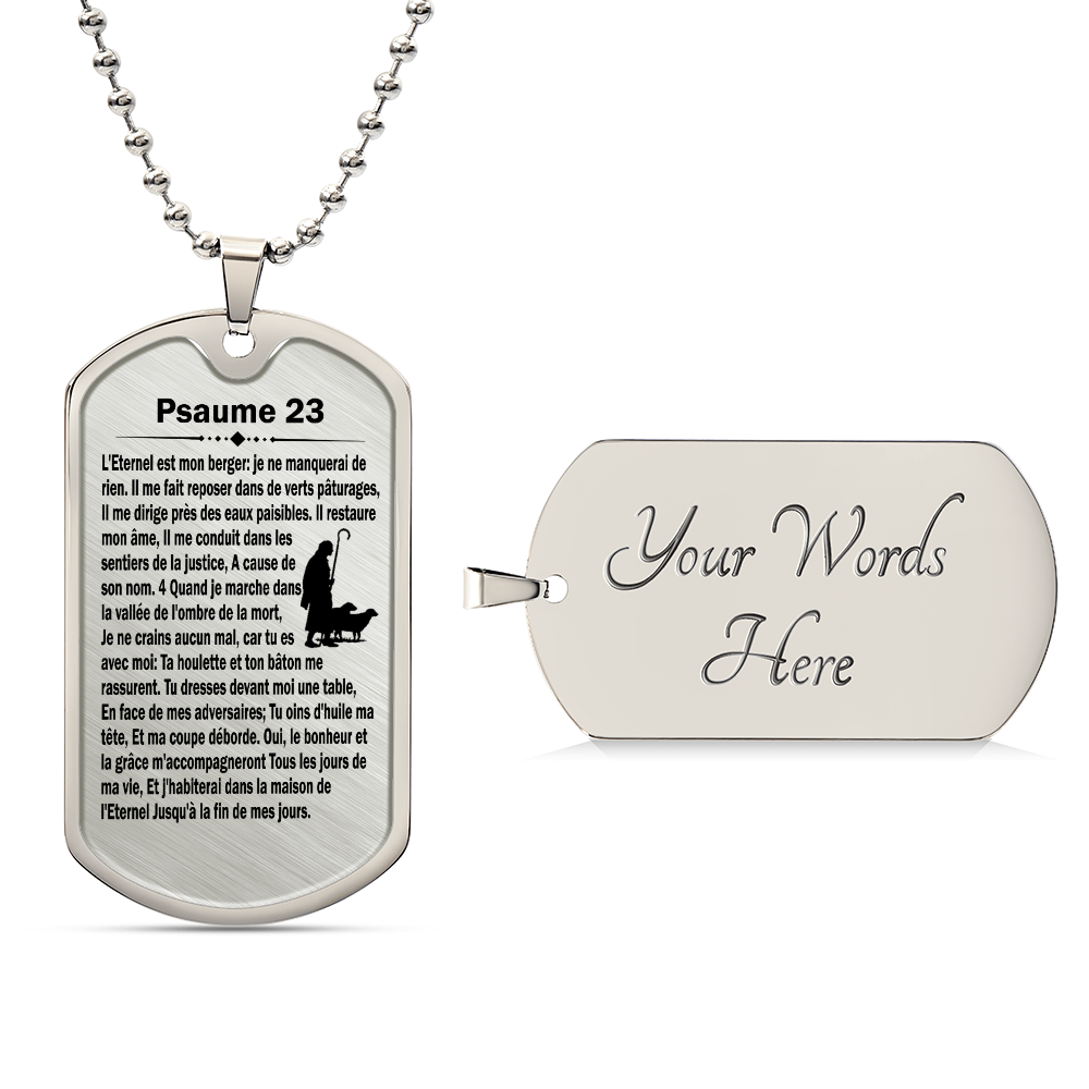 Psalm 23 French Psaume 23 Necklace Dog Tag Stainless Steel or 18k Gold w 24" Chain-Express Your Love Gifts