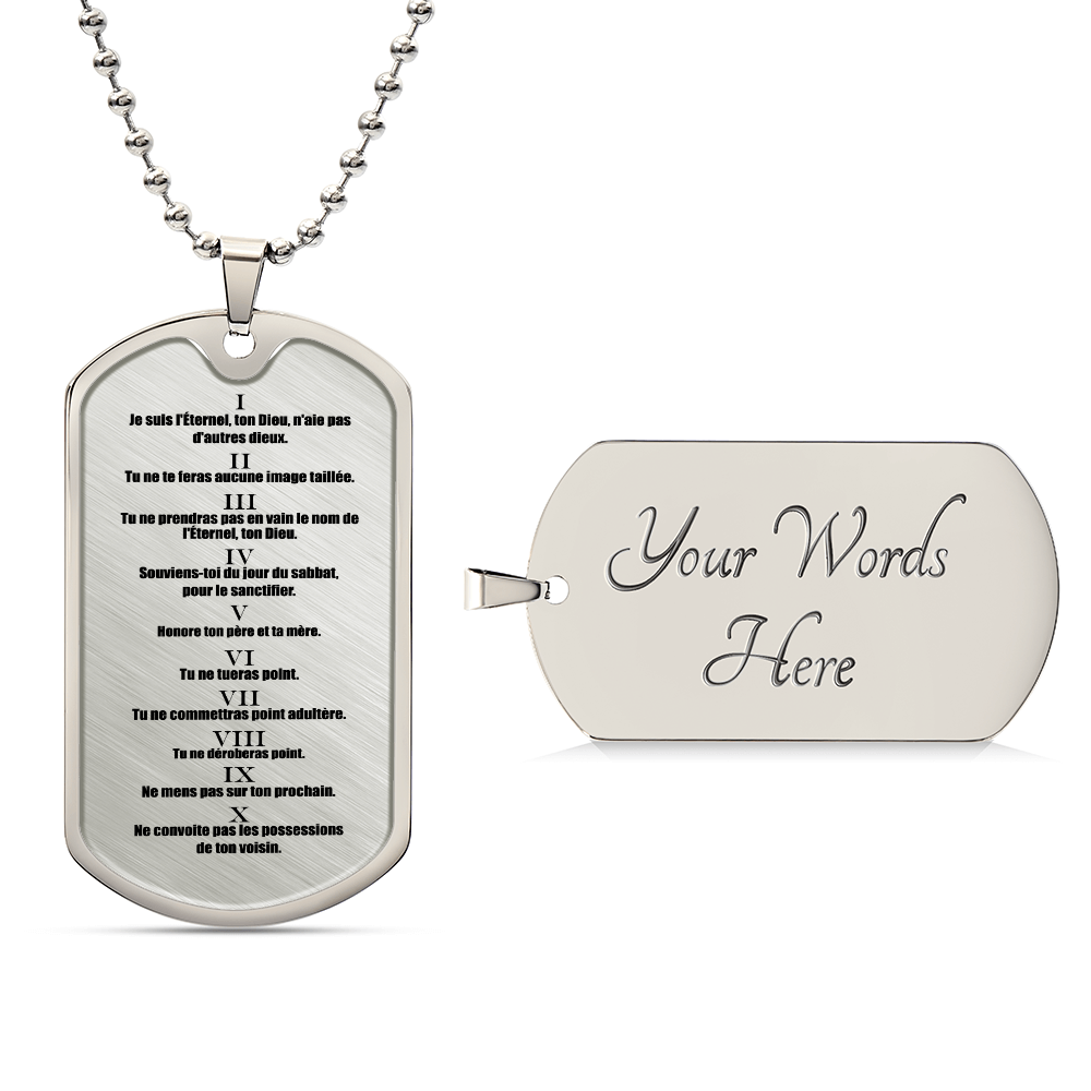 Ten Commandments French Dix Commandements Necklace Dog Tag Stainless Steel or 18k Gold w 24" Chain-Express Your Love Gifts