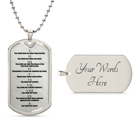 Ten Commandments English Clear Premium Stainless Steel or 18k Gold Dog Tag Necklace with 24" Chain