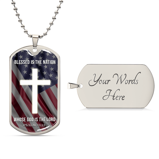 Bible Verse Necklace Blessed Nation Stainless Steel or 18k Gold Dog Tag w 24" Chain