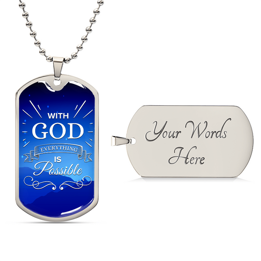 With God All Things Are Possible Faith Gear Necklace Stainless Steel or 18k Gold Dog Tag w 24" Chain