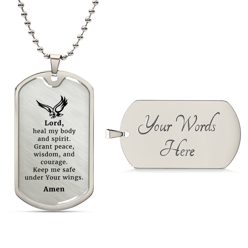Veteran's Prayer Premium Stainless Steel or 18k Gold Dog Tag Necklace with 24" Chain