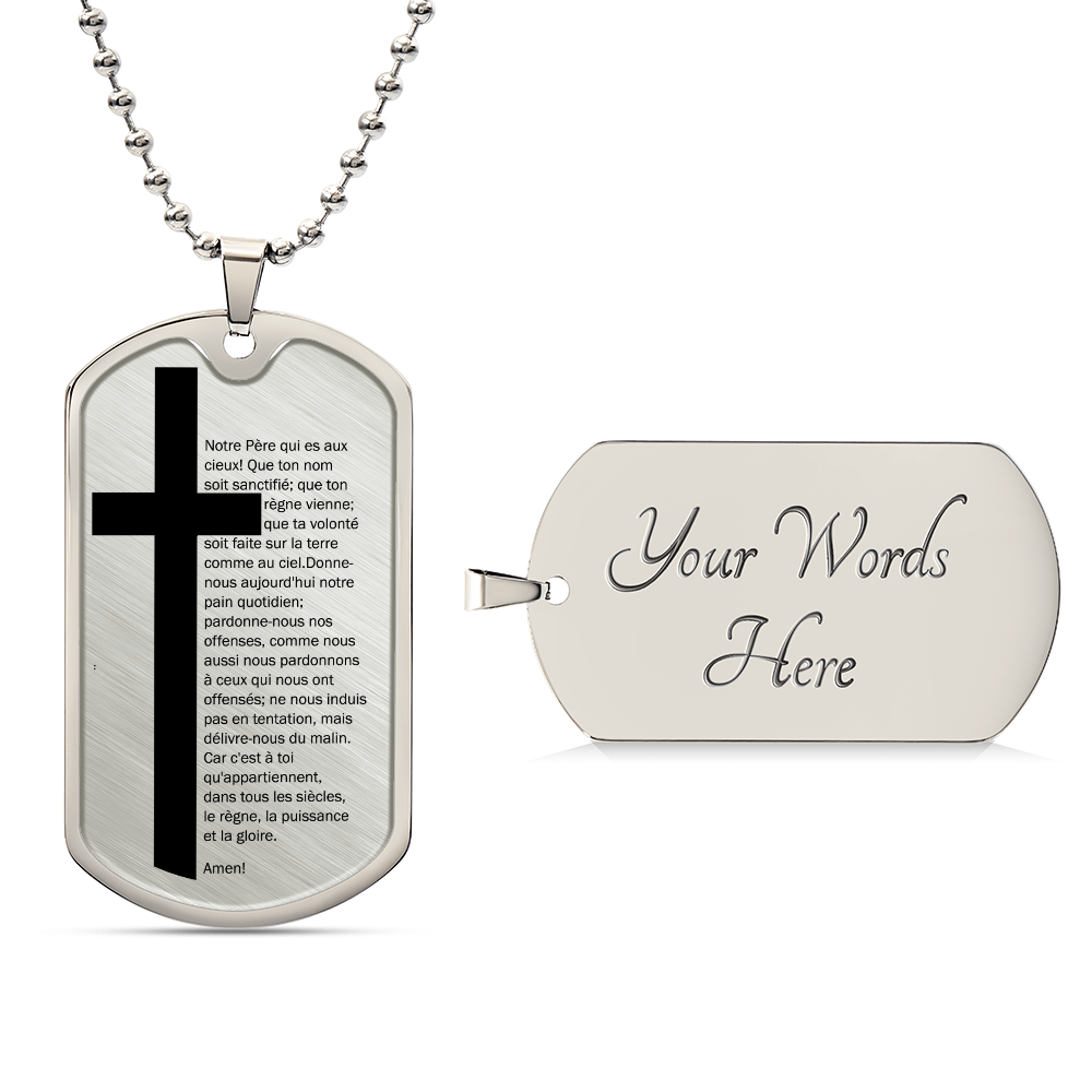 Lord's Prayer French Notre Père Necklace Dog Tag Stainless Steel or 18k Gold w 24" Chain-Express Your Love Gifts
