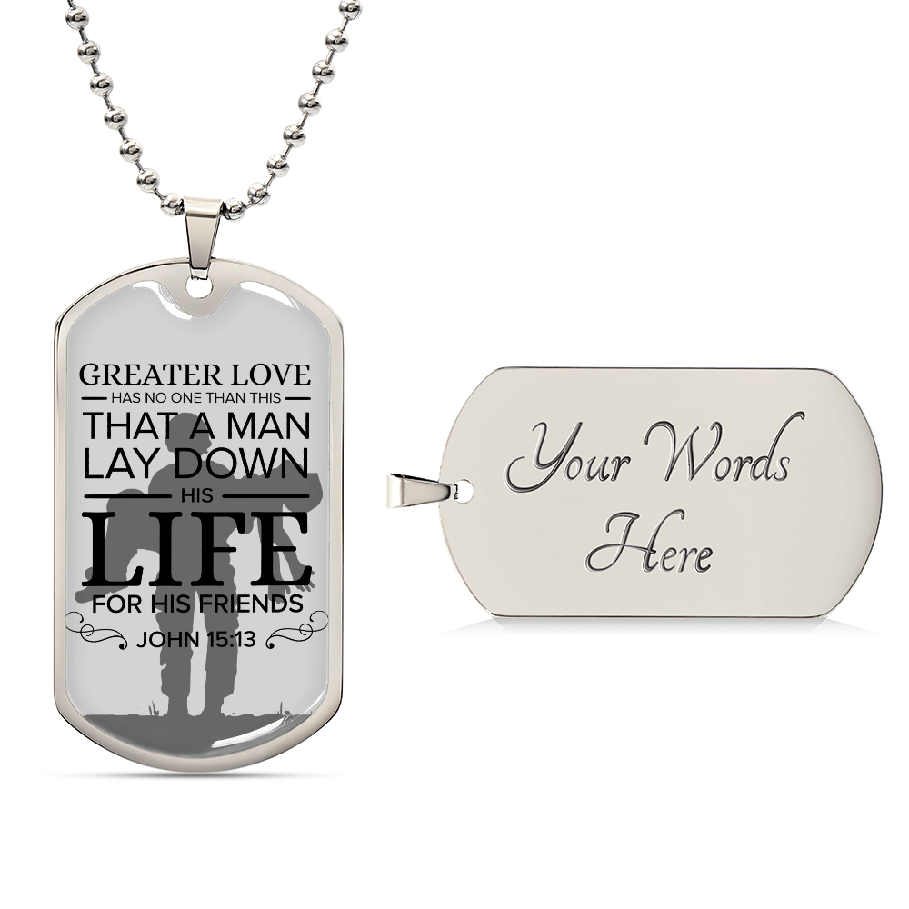 No Greater Love Soldier Premium Stainless Steel or 18k Gold Dog Tag Necklace with 24" Chain