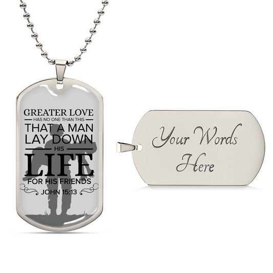 No Greater Love Soldier Premium Stainless Steel or 18k Gold Dog Tag Necklace with 24" Chain