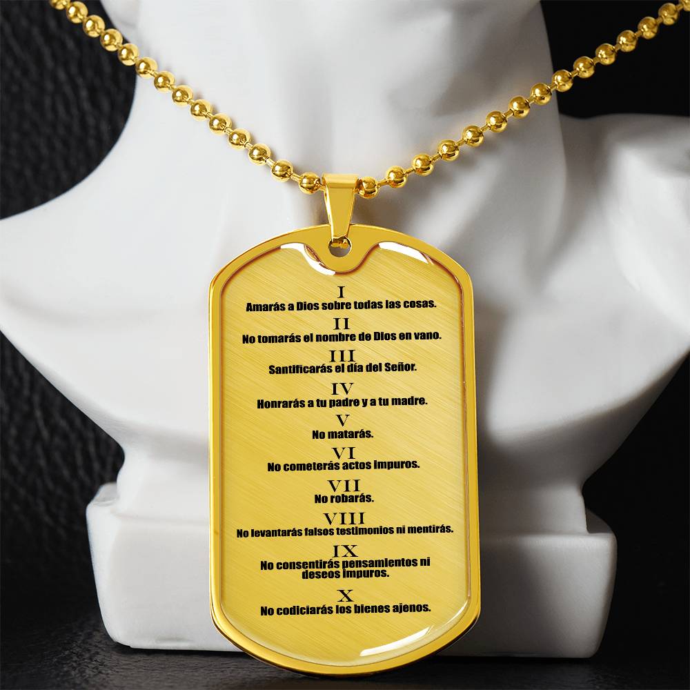 10 Commandments Spanish Clear Premium Stainless Steel or 18k Gold-Plated Dog Tag Necklace with 24" Chain