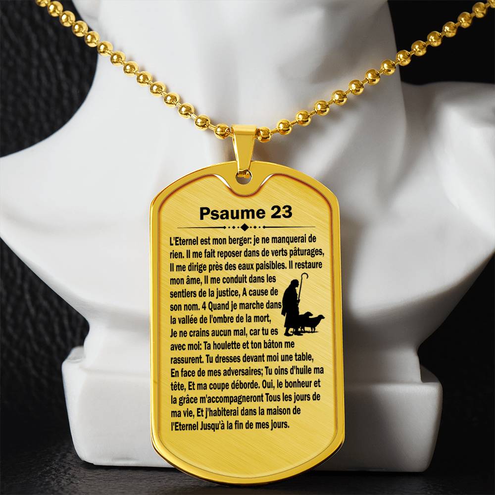 Psalm 23 French Psaume 23 Necklace Dog Tag Stainless Steel or 18k Gold w 24" Chain-Express Your Love Gifts