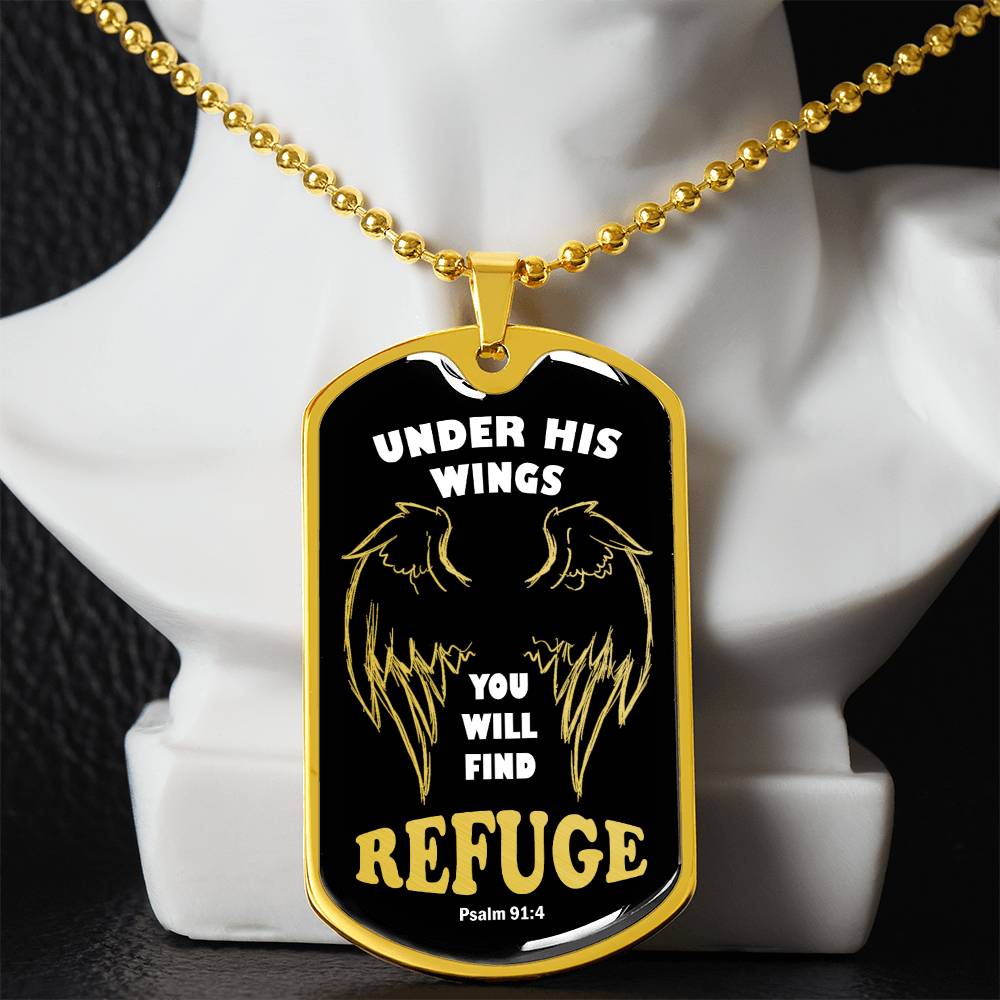 Psalm 91 Refuge Under His Wings Necklace Dog Tag Stainless Steel or 18k Gold w 24" Chain-Express Your Love Gifts