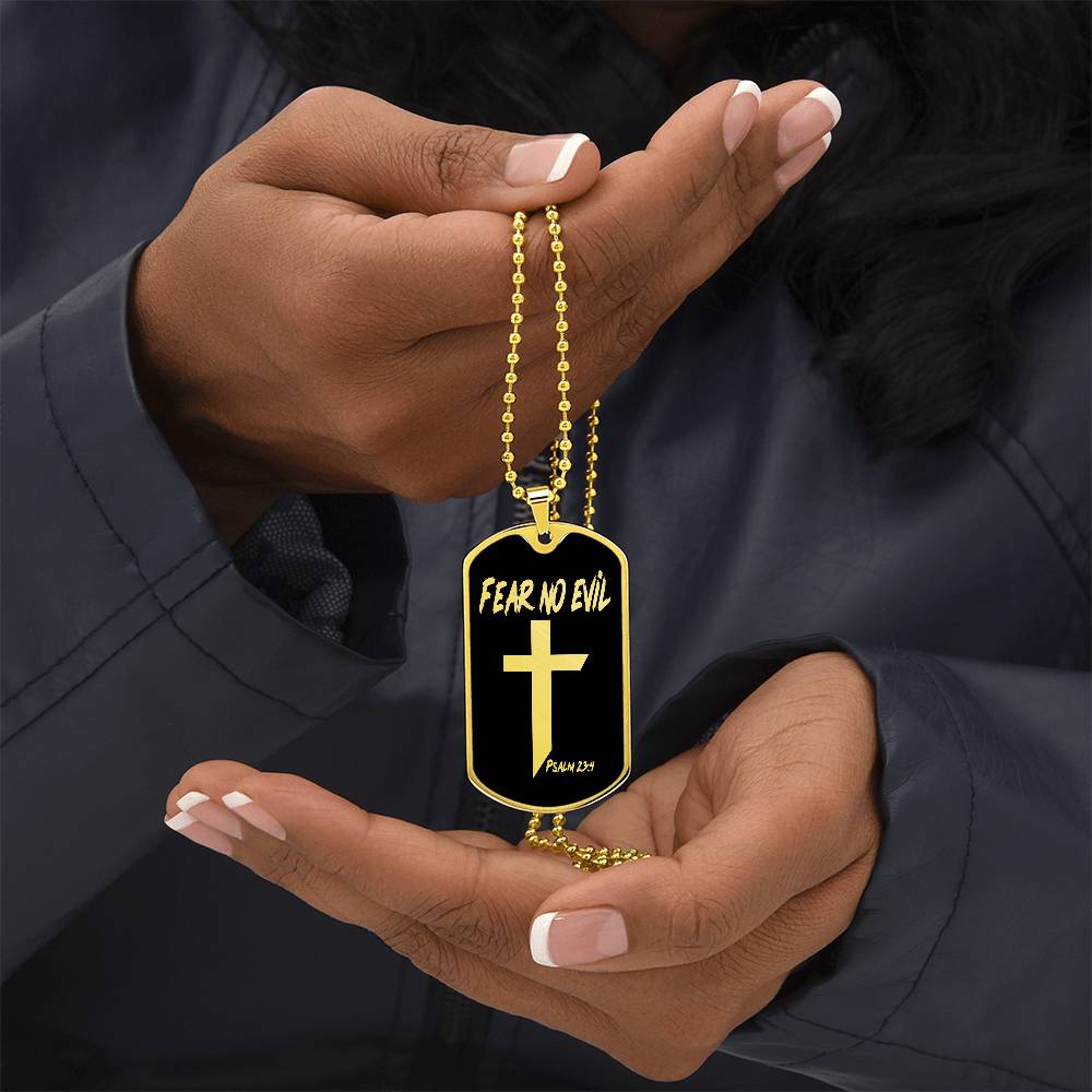 Fear No Evil Psalm 23.4 Necklace Dog Tag Stainless Steel or 18k Gold w 24" Chain-Express Your Love Gifts