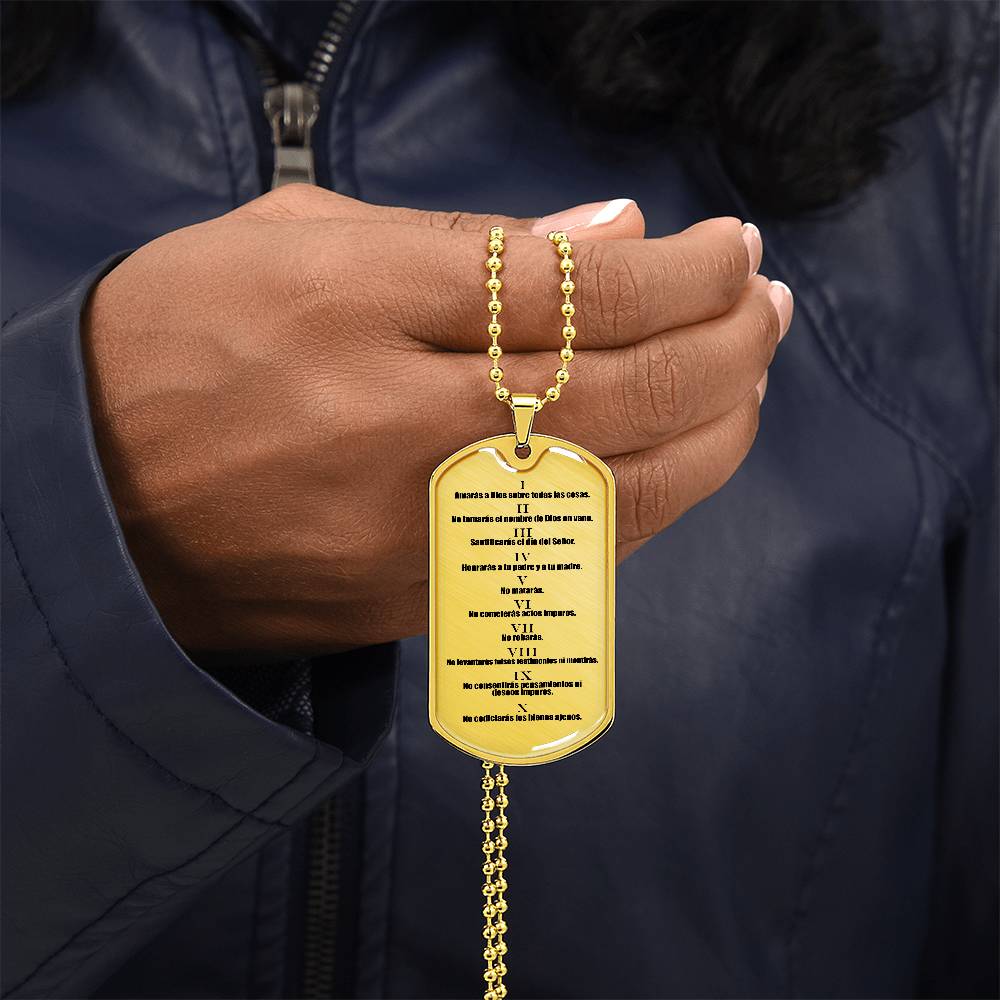 10 Commandments Spanish Clear Premium Stainless Steel or 18k Gold-Plated Dog Tag Necklace with 24" Chain