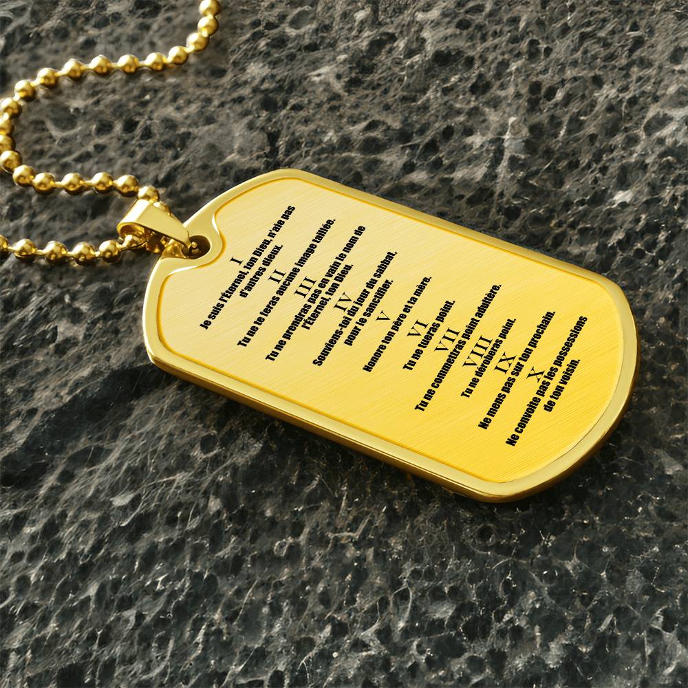 Ten Commandments French Dix Commandements Necklace Dog Tag Stainless Steel or 18k Gold w 24" Chain-Express Your Love Gifts