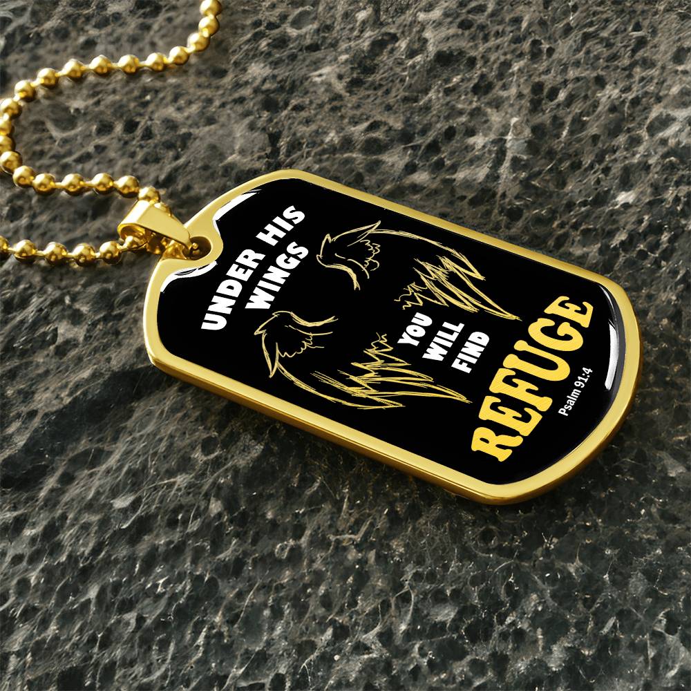Psalm 91 Refuge Under His Wings Necklace Dog Tag Stainless Steel or 18k Gold w 24" Chain-Express Your Love Gifts