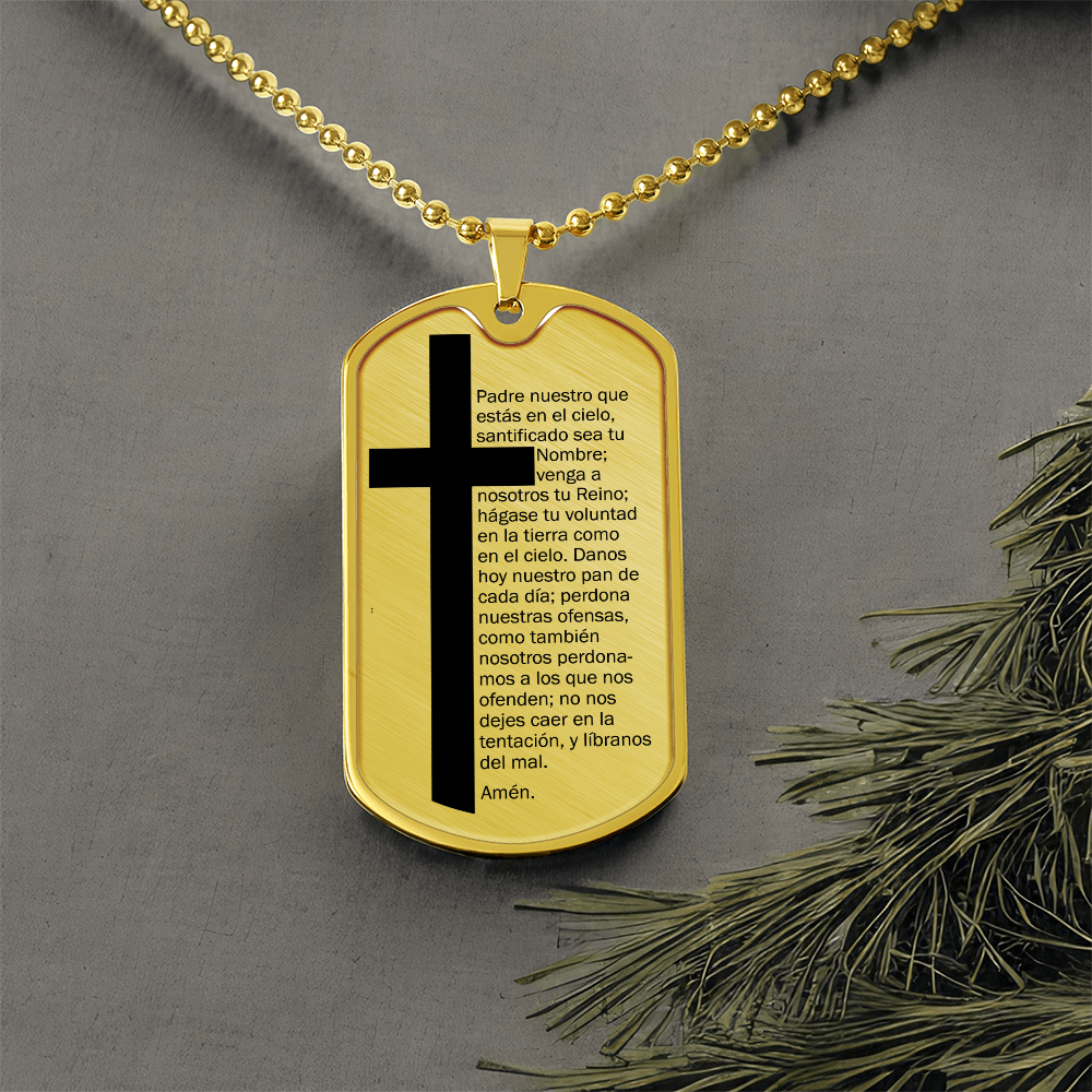 Lords Prayer Spanish Padre Nuestro Necklace Dog Tag Stainless Steel or 18k Gold w 24" Chain-Express Your Love Gifts