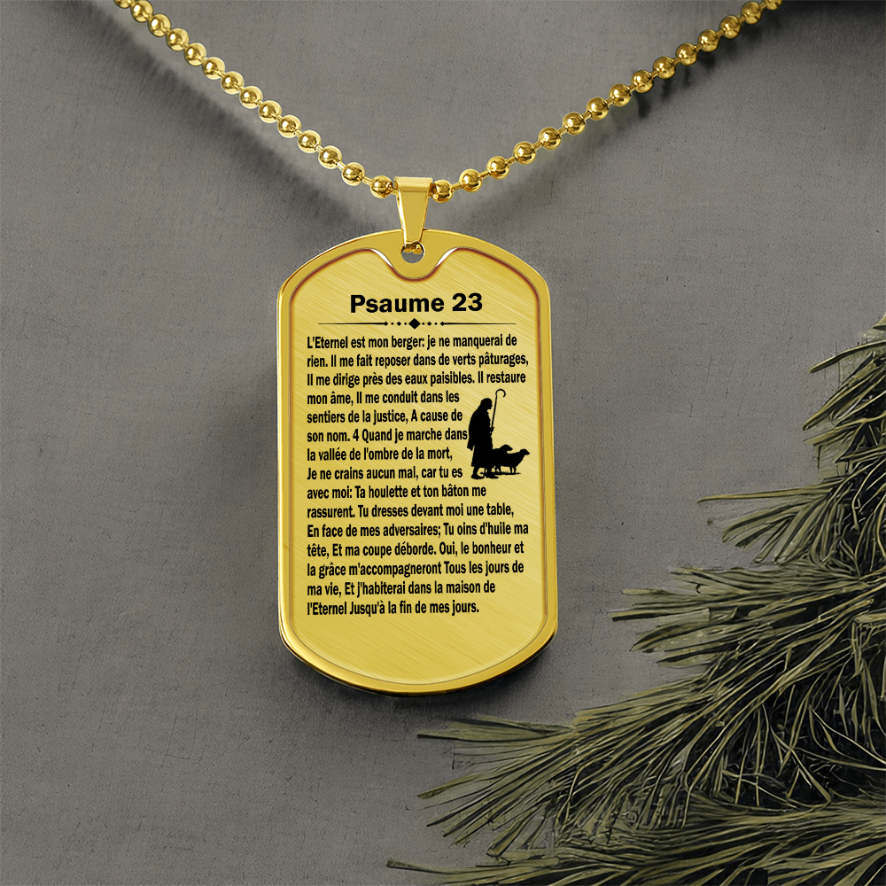 Psalm 23 French Psaume 23 Necklace Dog Tag Stainless Steel or 18k Gold w 24" Chain-Express Your Love Gifts