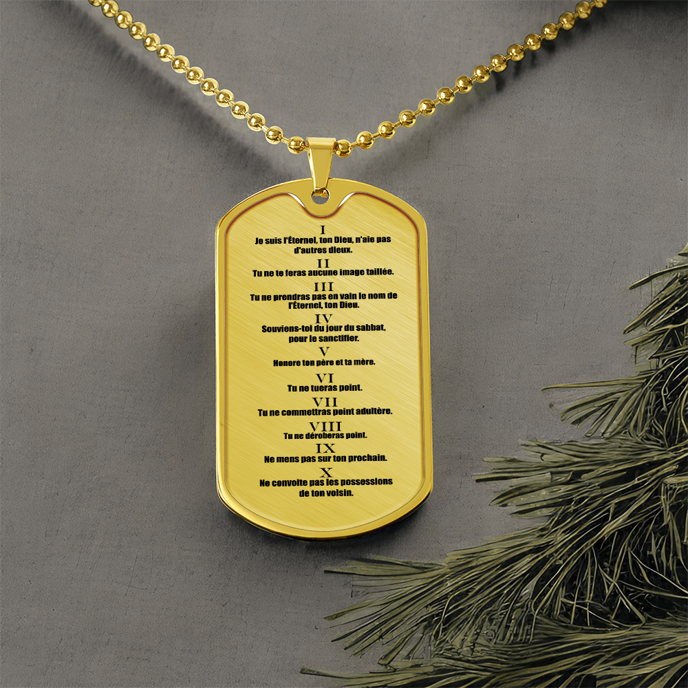 Ten Commandments French Dix Commandements Necklace Dog Tag Stainless Steel or 18k Gold w 24" Chain-Express Your Love Gifts