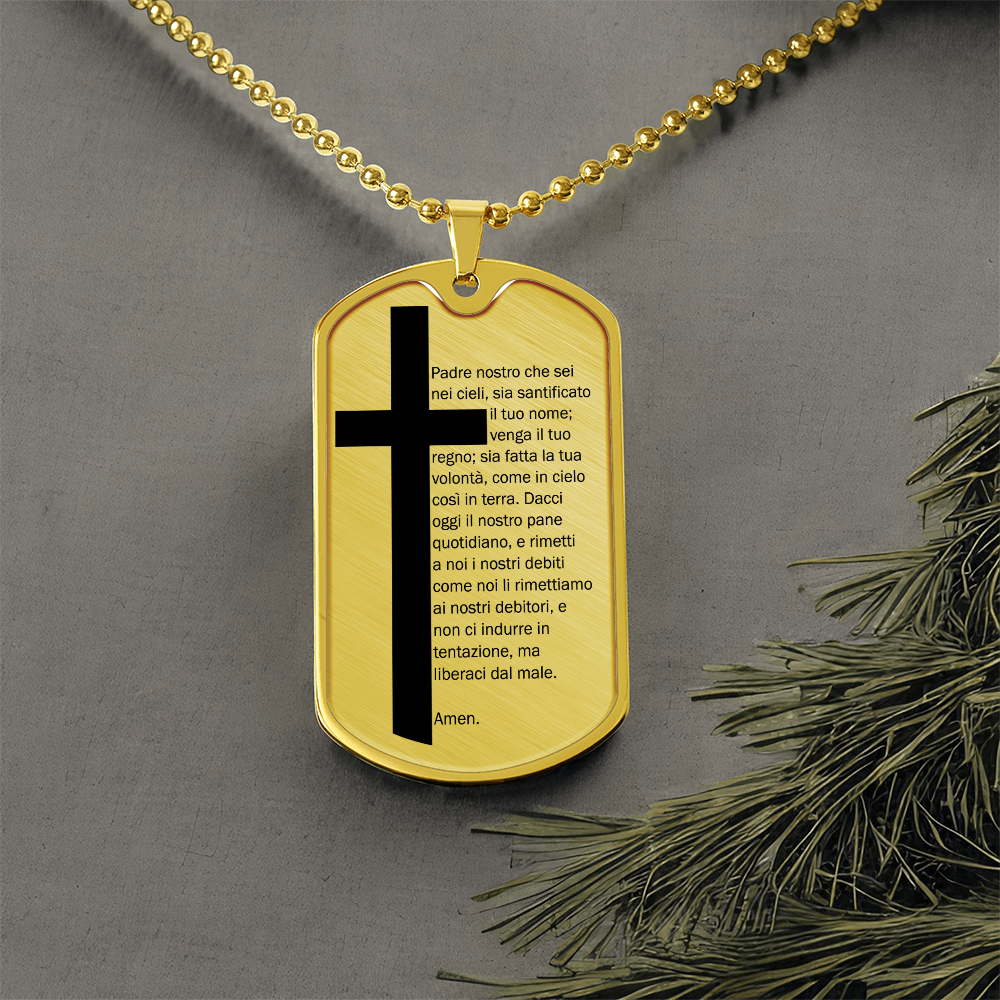 Lord's Prayer Italian Padre Nostro Necklace Dog Tag Stainless Steel or 18k Gold w 24" Chain-Express Your Love Gifts
