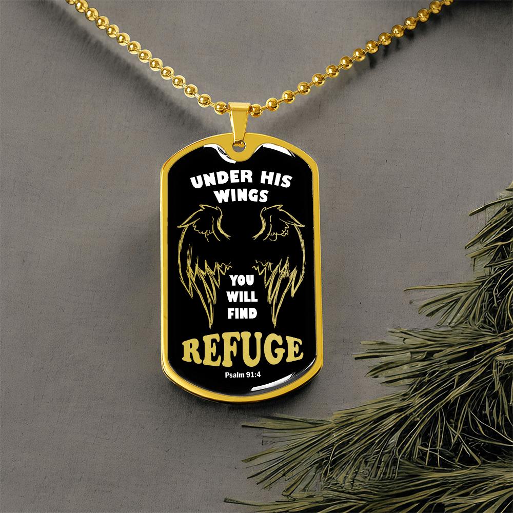 Psalm 91 Refuge Under His Wings Necklace Dog Tag Stainless Steel or 18k Gold w 24" Chain-Express Your Love Gifts