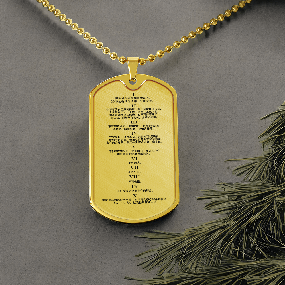 Ten Commandments Chinese Necklace Dog Tag Stainless Steel or 18k Gold w 24" Chain-Express Your Love Gifts