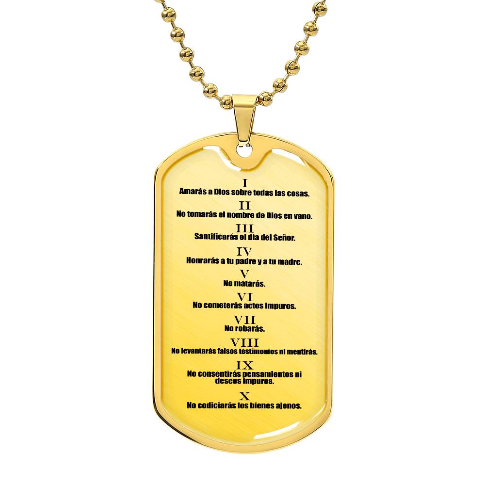 10 Commandments Spanish Clear Premium Stainless Steel or 18k Gold-Plated Dog Tag Necklace with 24" Chain