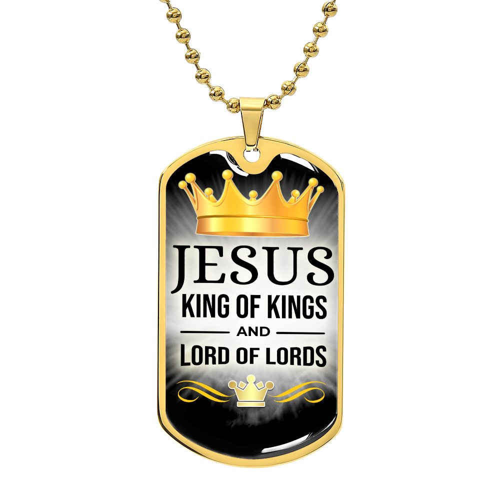 Jesus King Of Kings Premium Stainless Steel or 18k Gold Dog Tag Necklace with 24" Chain