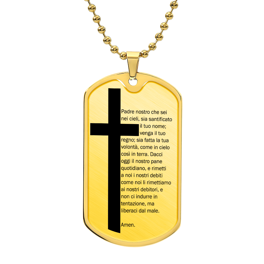 Lord's Prayer Italian Padre Nostro Necklace Dog Tag Stainless Steel or 18k Gold w 24" Chain