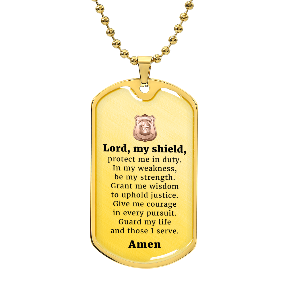 Police Prayer Badge Premium Stainless Steel or 18k Gold Dog Tag Necklace with 24" Chain