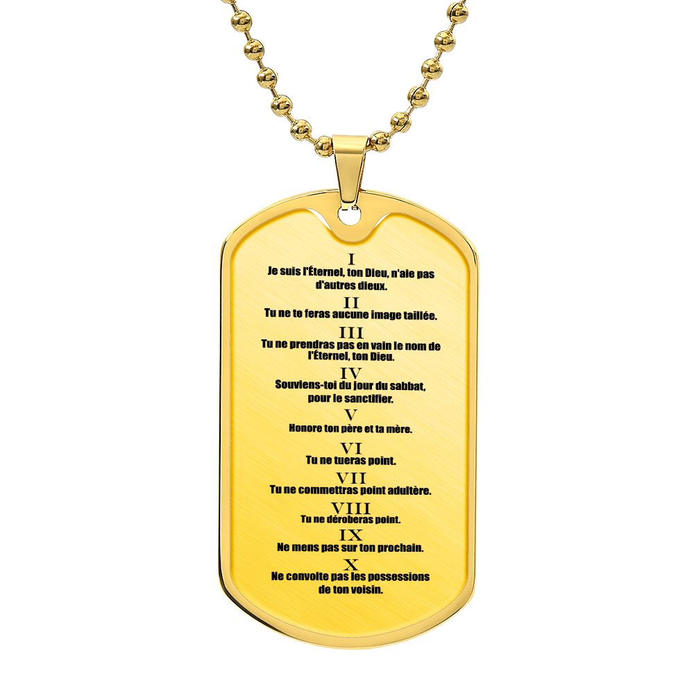 French 10 Commandments  Dog Tag Necklace Stainless Steel or 18k Gold w 24" Chain