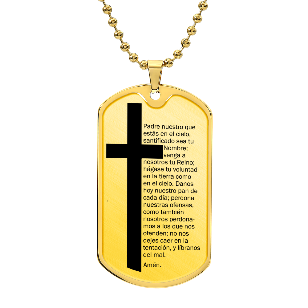 Lords Prayer Spanish Padre Nuestro Necklace Dog Tag Stainless Steel or 18k Gold w 24" Chain