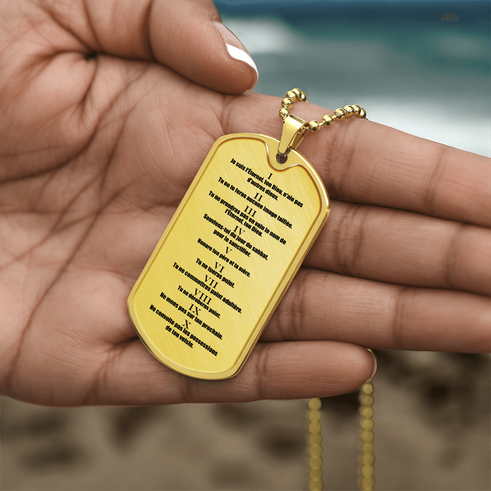 Ten Commandments French Dix Commandements Necklace Dog Tag Stainless Steel or 18k Gold w 24" Chain-Express Your Love Gifts