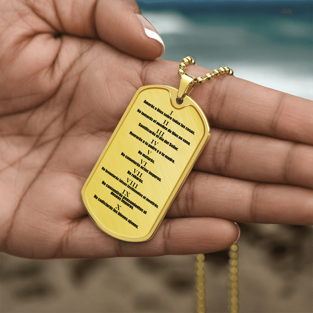 Ten Commandments Spanish Diez Mandamientos Necklace Dog Tag Stainless Steel or 18k Gold w 24" Chain-Express Your Love Gifts