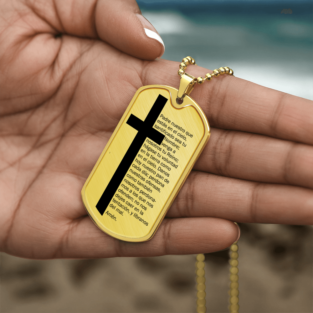 Lords Prayer Spanish Padre Nuestro Necklace Dog Tag Stainless Steel or 18k Gold w 24" Chain-Express Your Love Gifts