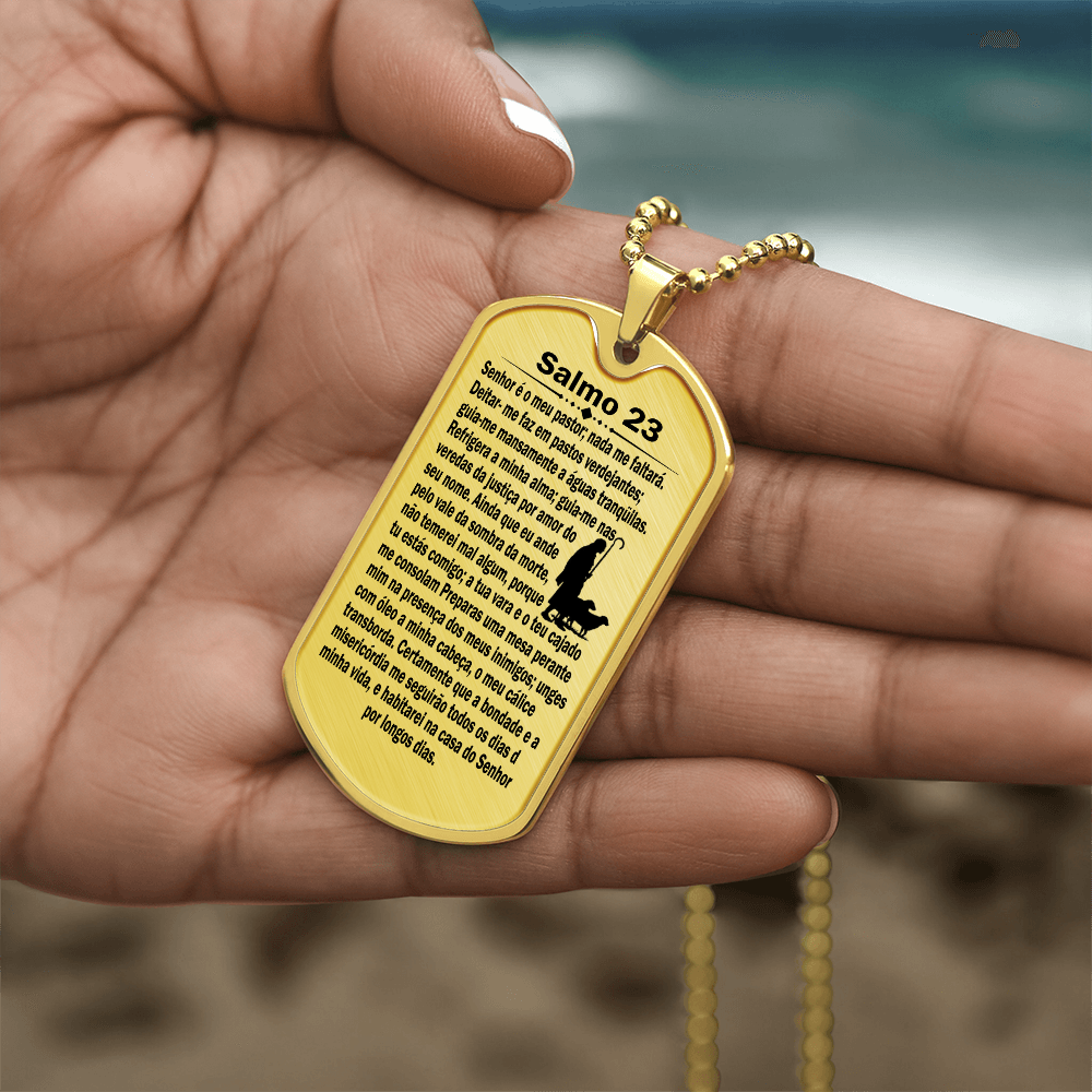 Psalm 23 Portuguese Salmo 23 Necklace Dog Tag Stainless Steel or 18k Gold w 24" Chain-Express Your Love Gifts