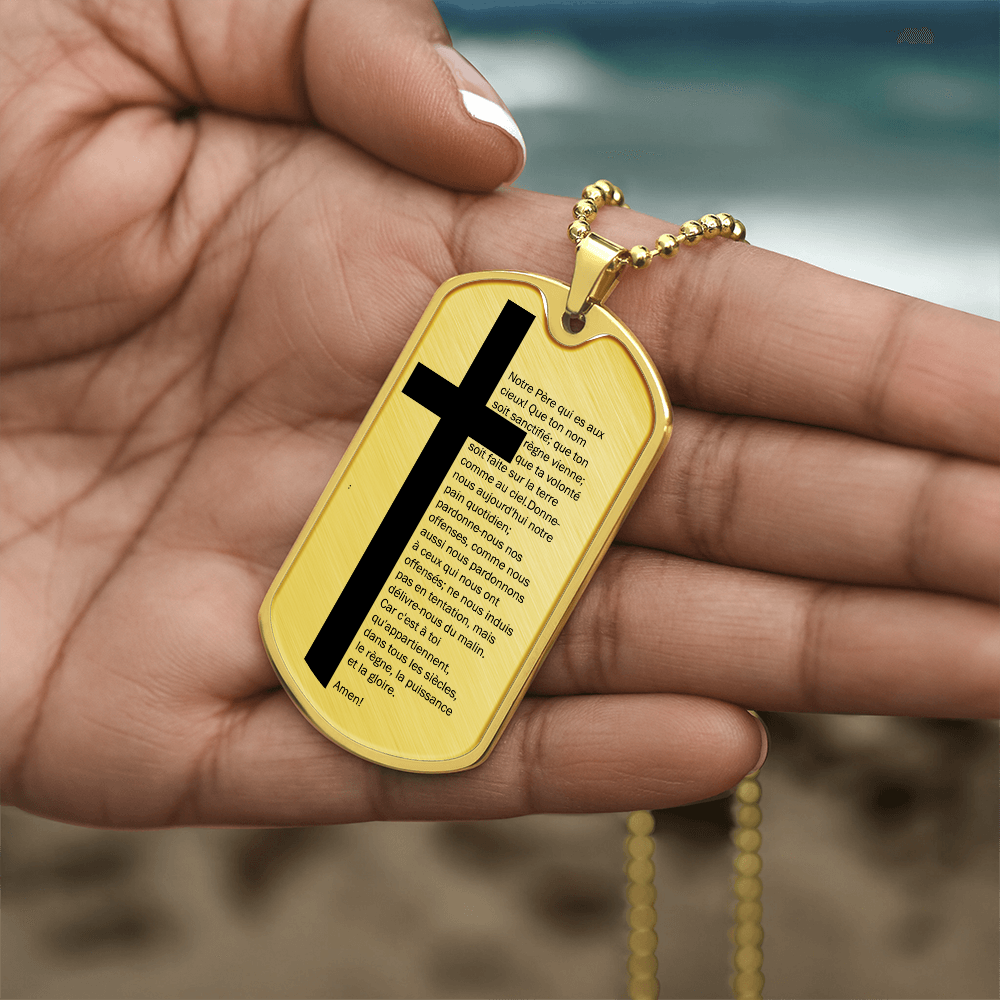 Lord's Prayer French Notre Père Necklace Dog Tag Stainless Steel or 18k Gold w 24" Chain-Express Your Love Gifts