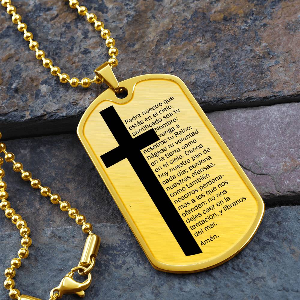 Lords Prayer Spanish Padre Nuestro Necklace Dog Tag Stainless Steel or 18k Gold w 24" Chain-Express Your Love Gifts