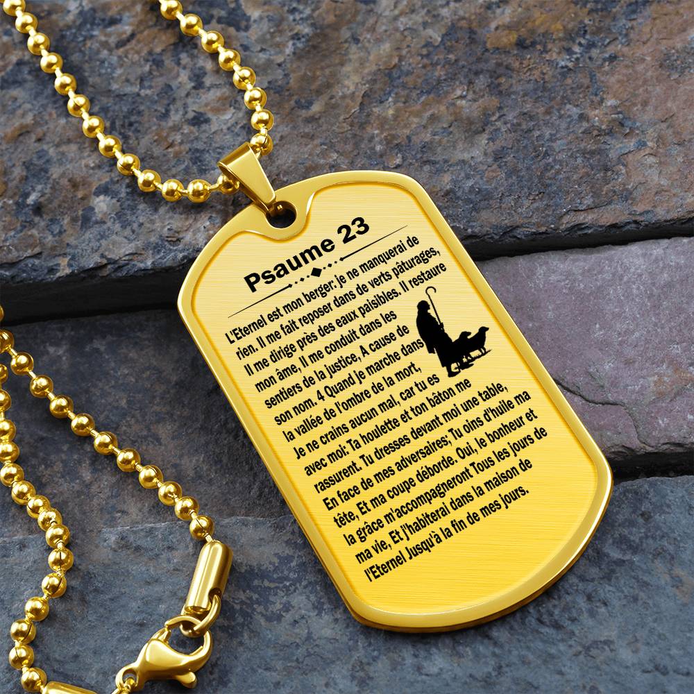 Psalm 23 French Psaume 23 Necklace Dog Tag Stainless Steel or 18k Gold w 24" Chain-Express Your Love Gifts
