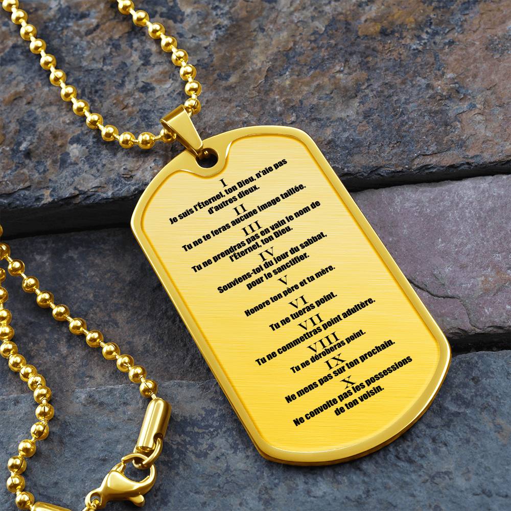 Ten Commandments French Dix Commandements Necklace Dog Tag Stainless Steel or 18k Gold w 24" Chain-Express Your Love Gifts