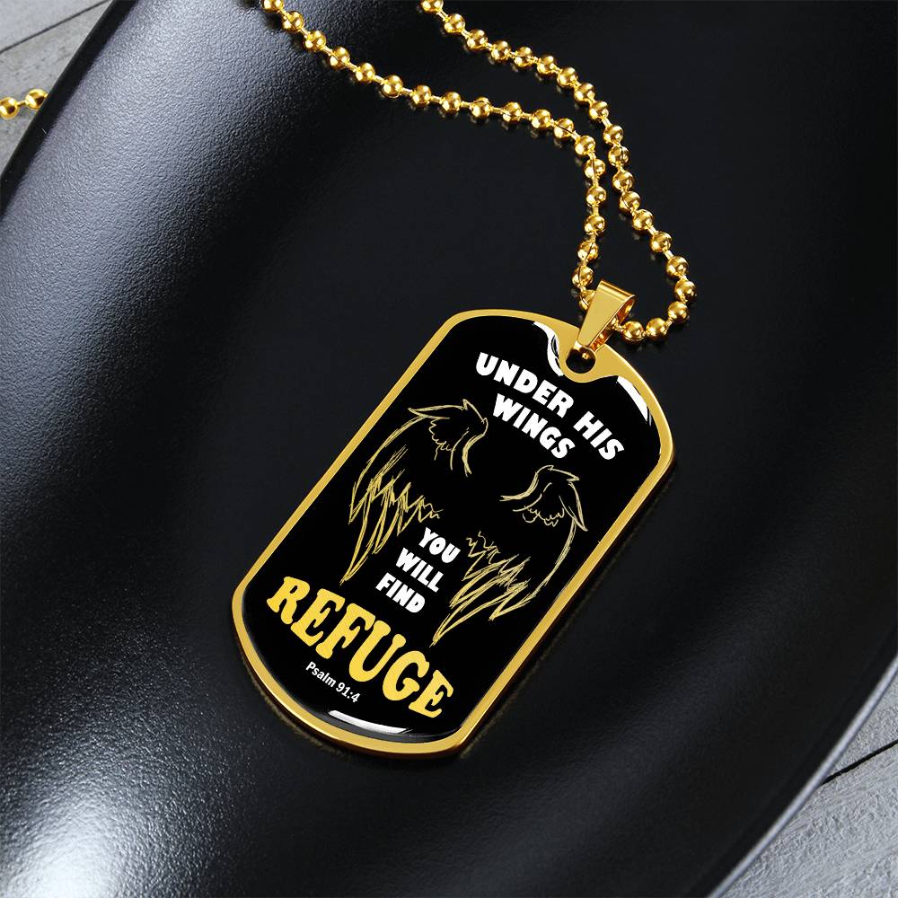Psalm 91 Refuge Under His Wings Necklace Dog Tag Stainless Steel or 18k Gold w 24" Chain-Express Your Love Gifts
