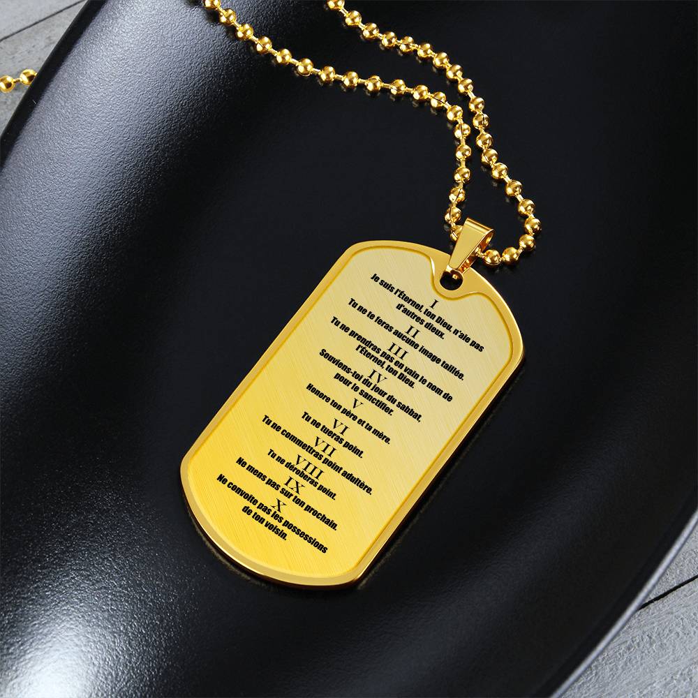 Ten Commandments French Dix Commandements Necklace Dog Tag Stainless Steel or 18k Gold w 24" Chain-Express Your Love Gifts