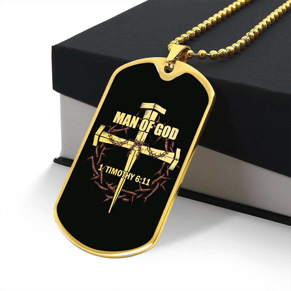 Man of God Cross Timothy Necklace Dog Tag Stainless Steel or 18k Gold w 24" Chain-Express Your Love Gifts
