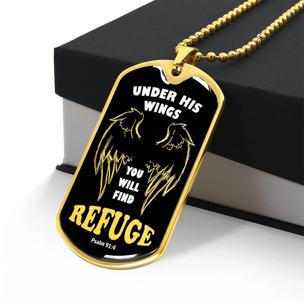 Psalm 91 Refuge Under His Wings Necklace Dog Tag Stainless Steel or 18k Gold w 24" Chain-Express Your Love Gifts