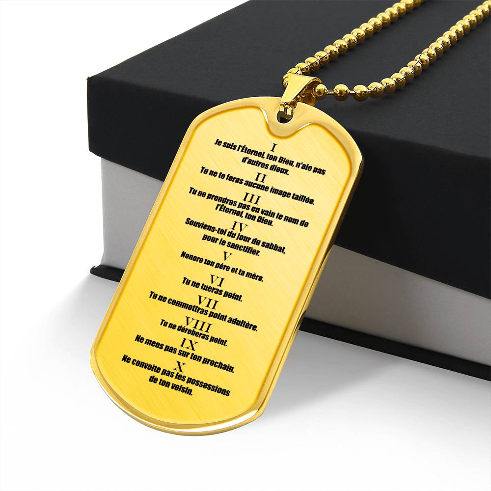 Ten Commandments French Dix Commandements Necklace Dog Tag Stainless Steel or 18k Gold w 24" Chain-Express Your Love Gifts