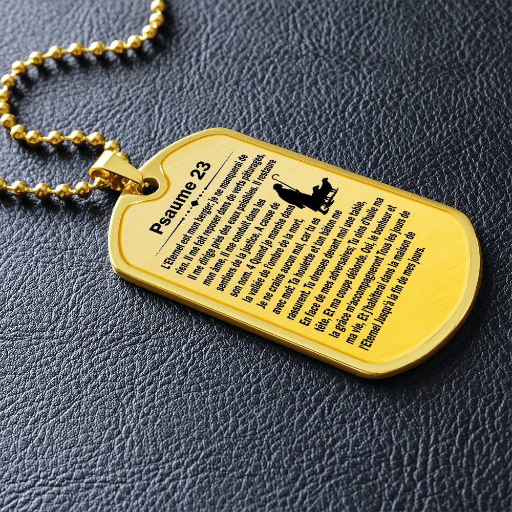 Psalm 23 French Psaume 23 Necklace Dog Tag Stainless Steel or 18k Gold w 24" Chain-Express Your Love Gifts