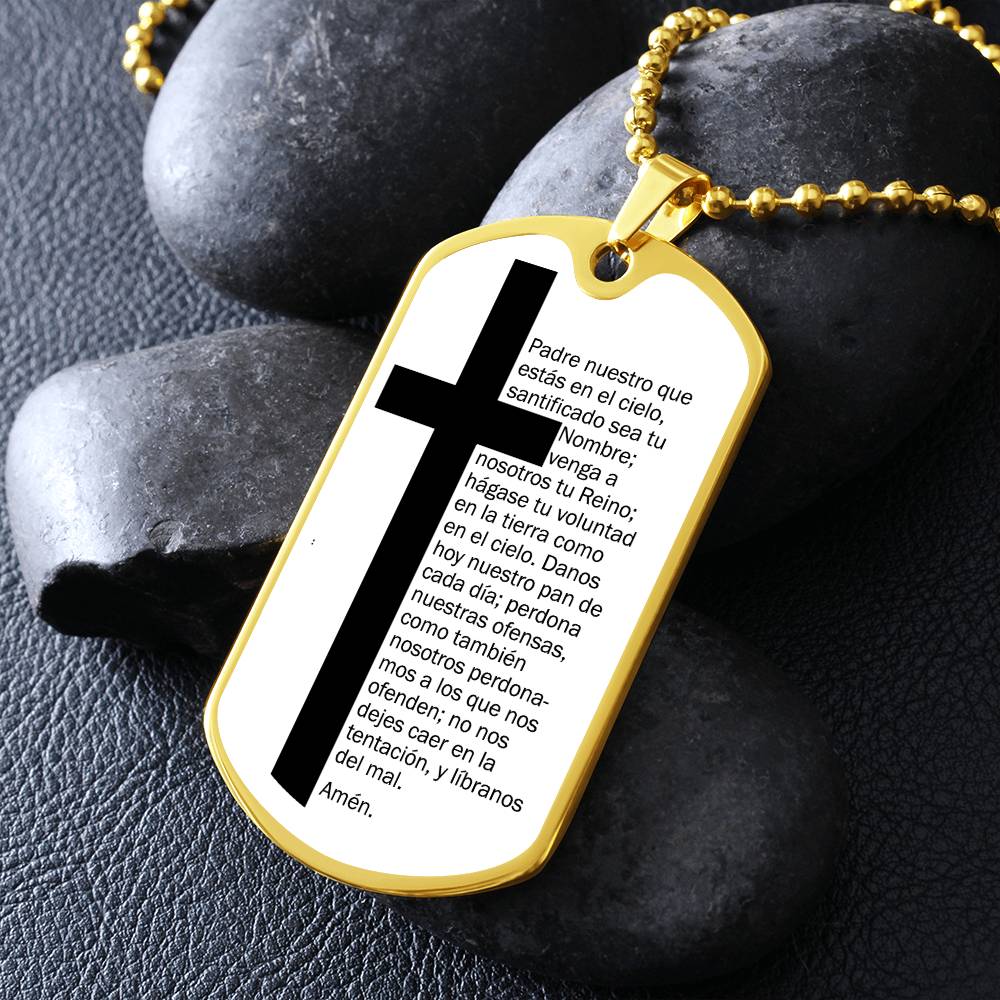 Lords Prayer Spanish Padre Nuestro Necklace Dog Tag Stainless Steel or 18k Gold w 24" Chain-Express Your Love Gifts