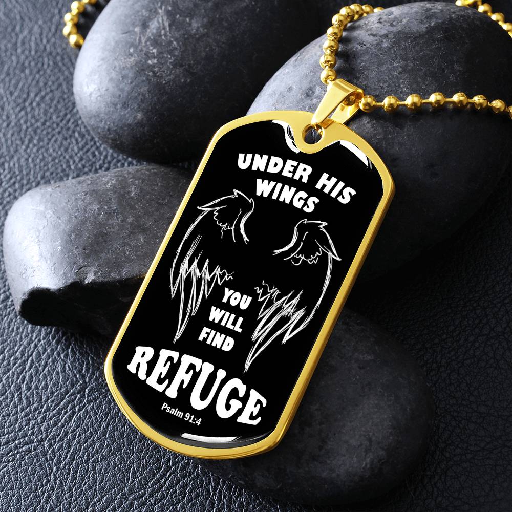 Psalm 91 Refuge Under His Wings Necklace Dog Tag Stainless Steel or 18k Gold w 24" Chain-Express Your Love Gifts