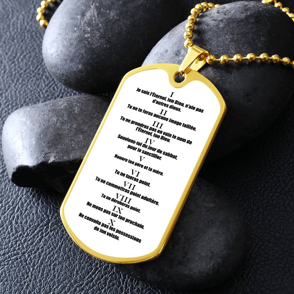 Ten Commandments French Dix Commandements Necklace Dog Tag Stainless Steel or 18k Gold w 24" Chain-Express Your Love Gifts