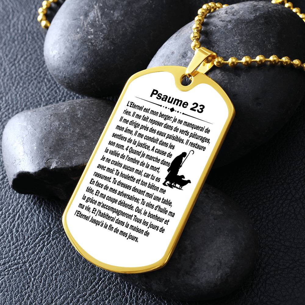 Psalm 23 French Psaume 23 Necklace Dog Tag Stainless Steel or 18k Gold w 24" Chain-Express Your Love Gifts