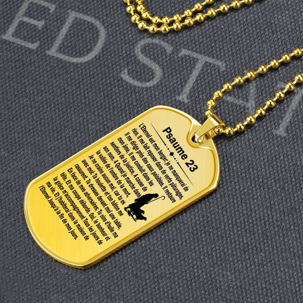 Psalm 23 French Psaume 23 Necklace Dog Tag Stainless Steel or 18k Gold w 24" Chain-Express Your Love Gifts
