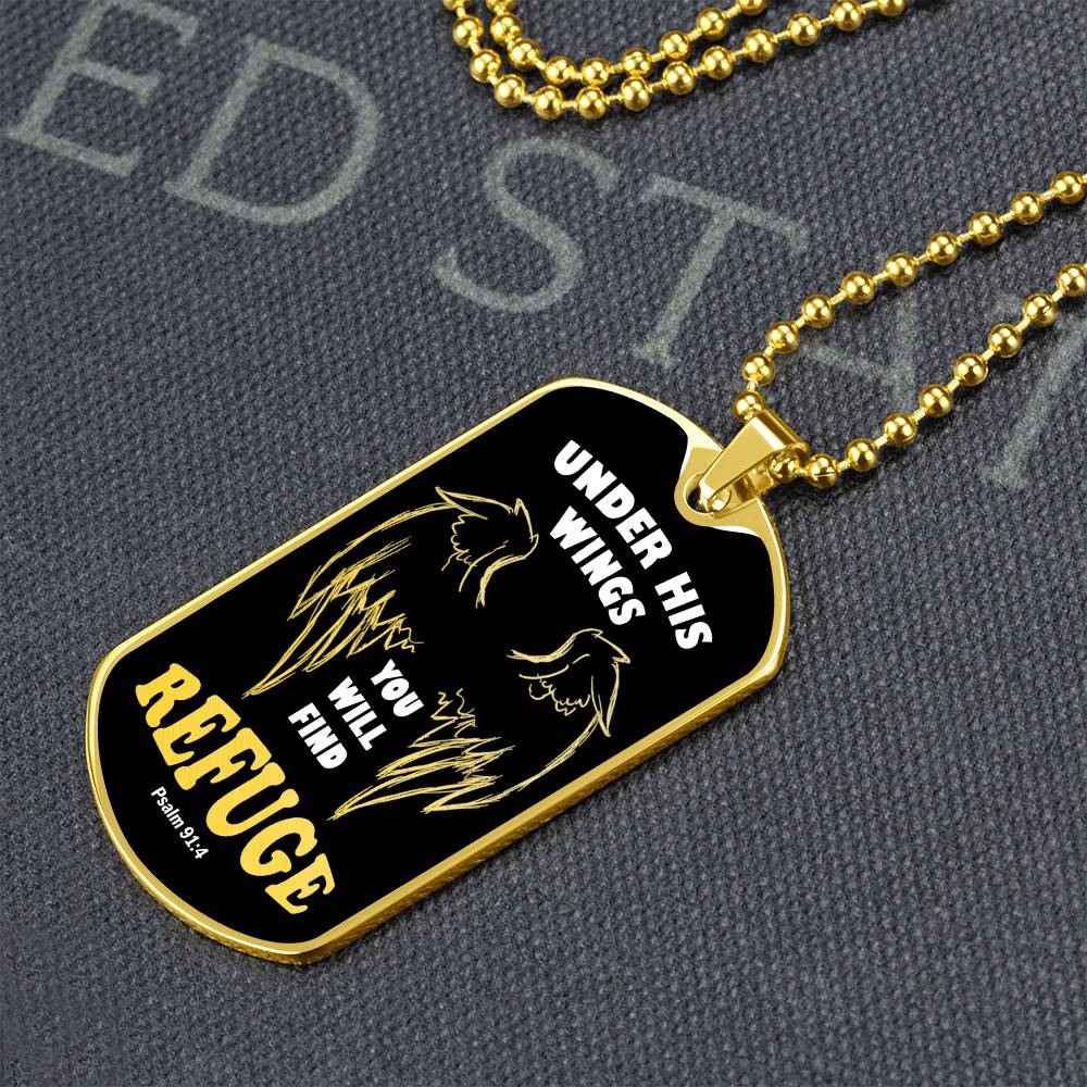 Psalm 91 Refuge Under His Wings Necklace Dog Tag Stainless Steel or 18k Gold w 24" Chain-Express Your Love Gifts