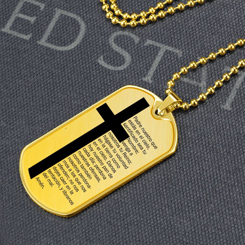 Lords Prayer Spanish Padre Nuestro Necklace Dog Tag Stainless Steel or 18k Gold w 24" Chain-Express Your Love Gifts