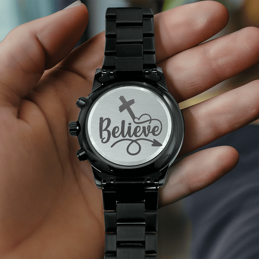 Believe Engraved Bible Verse Men's Watch Multifunction Stainless Steel W Copper Dial